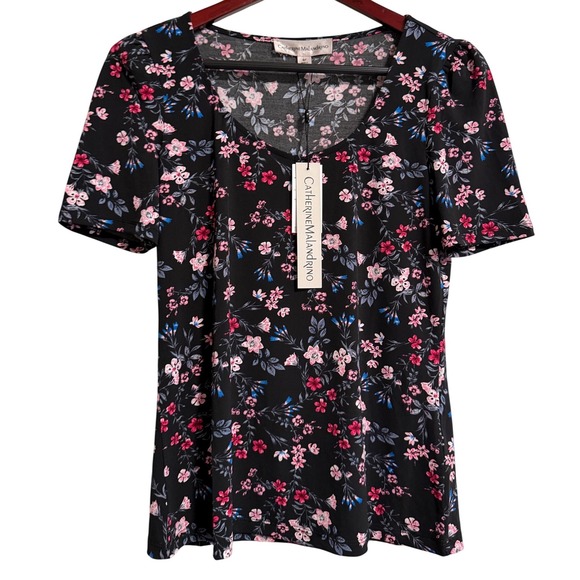 Catherine Malandrino Womens Floral Scoop Neck Short Sleeve Top Black Pink S NWT - Picture 5 of 6